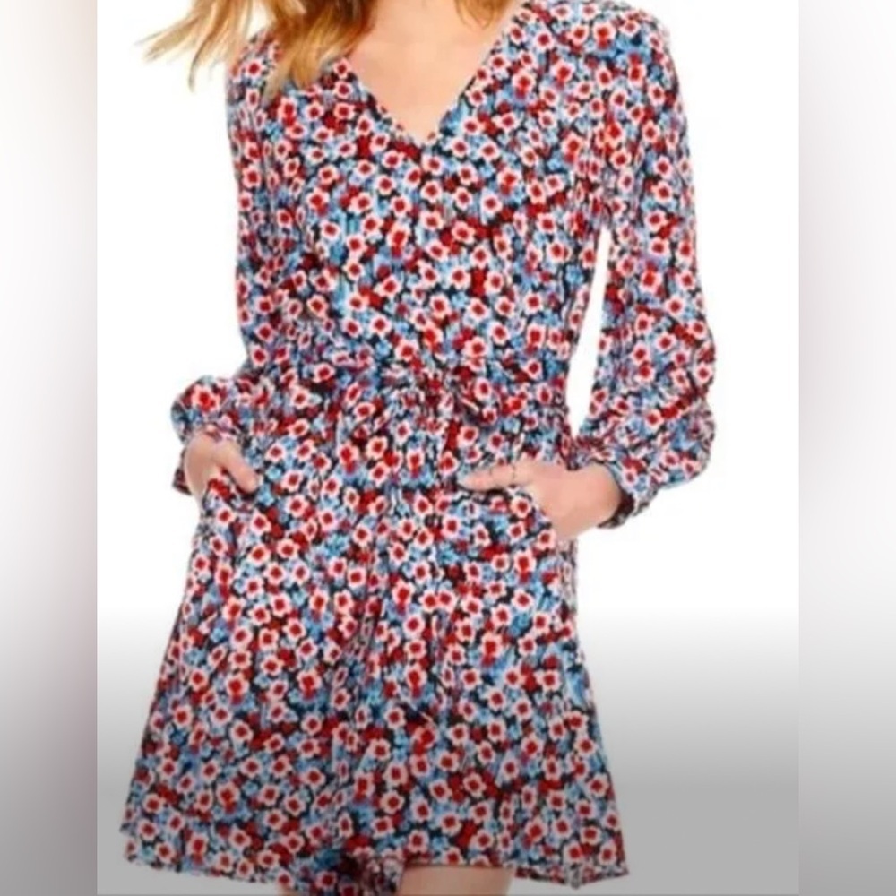 NWT Popsugar Floral Long puff Sleeve Dress Pockets Sz Medium belted sundress